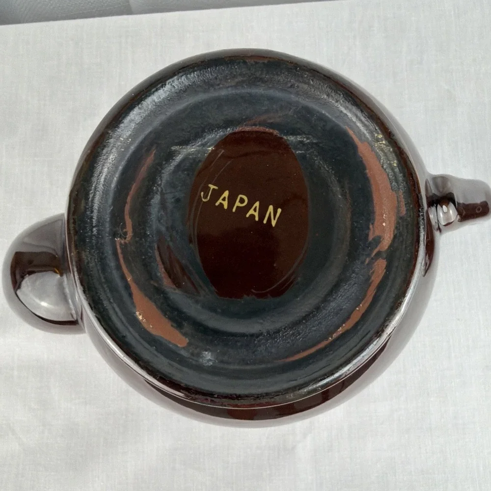 Vintage Brown Betty Redware Teapot Moriage Enamel Hand Painted Japan GUC MCM